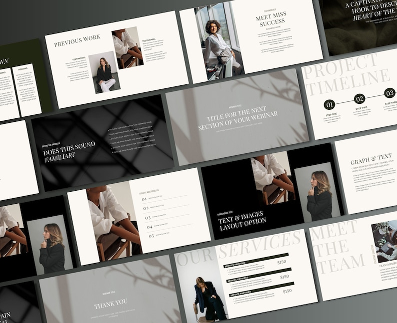 May include: A presentation template with a black and white colour scheme. The template features a variety of images, text, and graphics. The text includes the words "Meet Miss Success", "Project Timeline", "Our Services", and "Meet the Team".