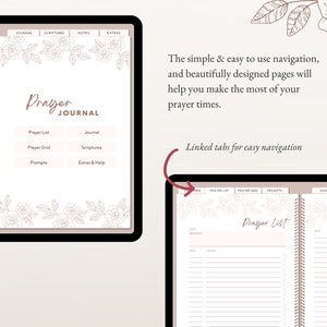 Puede incluir: Un diario de oraci&oacute;n digital con bordes de arte lineal floral, encuadernaci&oacute;n en espiral y pesta&ntilde;as clicables. La portada muestra el texto Prayer JOURNAL con secciones para Prayer List, Journal, Prayer Grid, Scriptures, Prompts y Extras & Help.