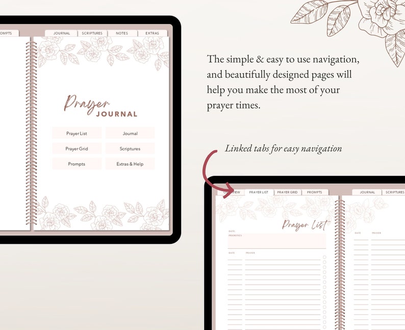 Puede incluir: Un diario de oraci&oacute;n digital con bordes de arte lineal floral, encuadernaci&oacute;n en espiral y pesta&ntilde;as clicables. La portada muestra el texto Prayer JOURNAL con secciones para Prayer List, Journal, Prayer Grid, Scriptures, Prompts y Extras & Help.