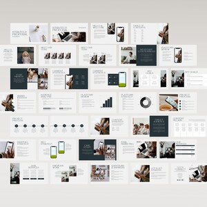 May include: A presentation slide deck with a white background and black text. The slides contain information about a strategy proposal, including a team, current statistics, platform review, project process, marketing strategy, case study, questions and answers, and a call to action. The slides also include images of people working on laptops and phones.