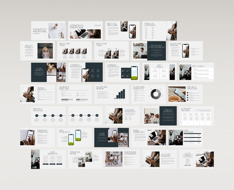 May include: A presentation slide deck with a white background and black text. The slides contain information about a strategy proposal, including a team, current statistics, platform review, project process, marketing strategy, case study, questions and answers, and a call to action. The slides also include images of people working on laptops and phones.