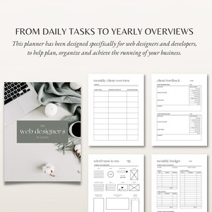 May include: A gray and white planner with the text "THE web designer's PLANNER" on the cover. The planner includes sections for monthly client overview, client feedback, wireframe icons, and monthly budget.