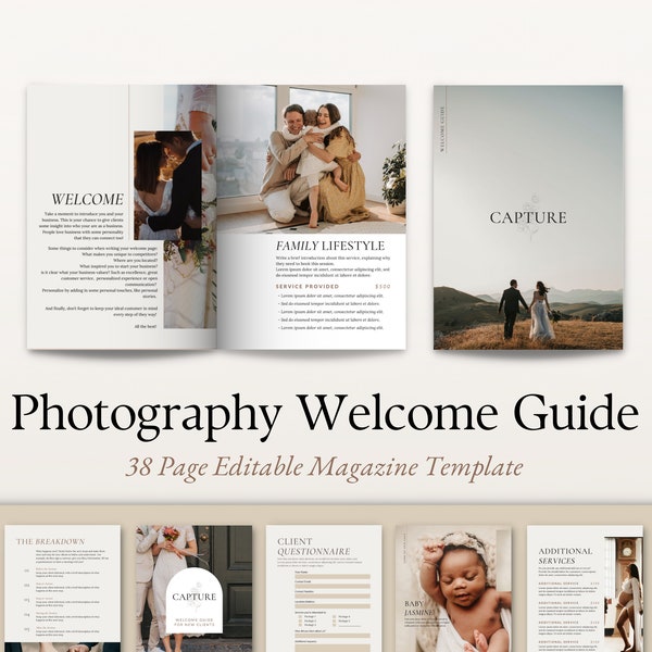 Photography Welcome Guide Canva Template, Photographer Client Magazine for Weddings, Family, Newborn, Maternity, Services & Pricing Booklet