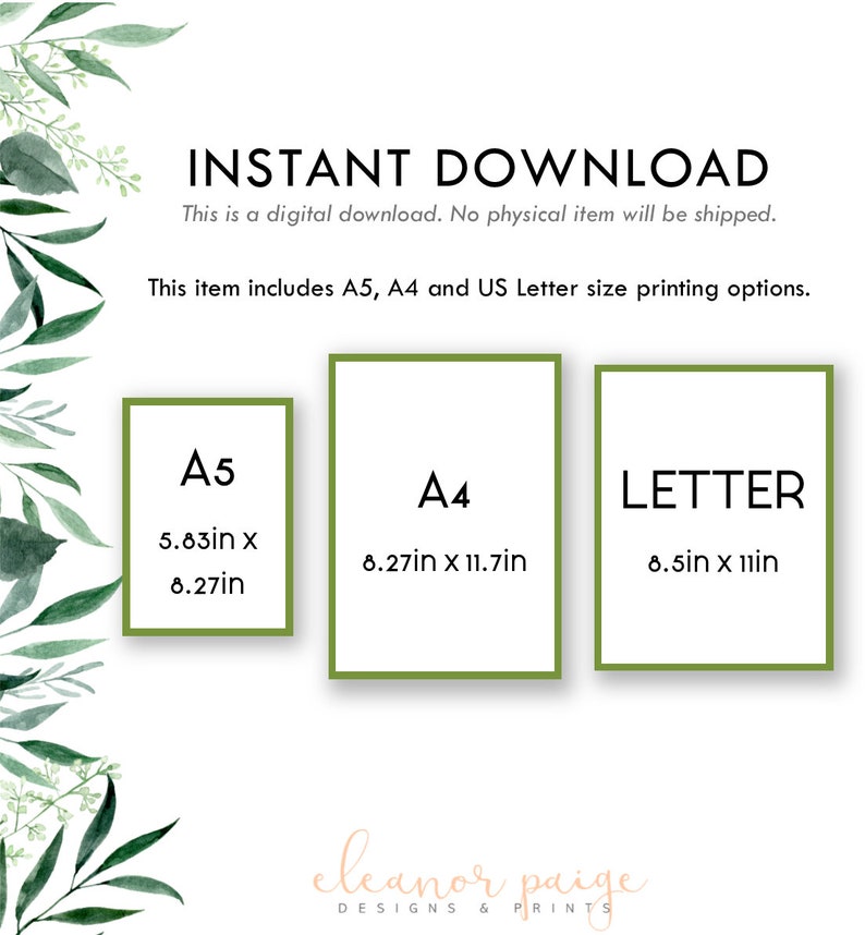 K&ouml;nnte beinhalten: Ein druckbarer digitaler Download in drei verschiedenen Papiergr&ouml;&szlig;en: A5 (5,83 Zoll x 8,27 Zoll), A4 (8,27 Zoll x 11,7 Zoll) und Letter (8,5 Zoll x 11 Zoll). Der Text "INSTANT DOWNLOAD" befindet sich oben im Bild. Der Text "This is a digital download. No physical item will be shipped." befindet sich unter dem Text "INSTANT DOWNLOAD". Der Text "This item includes A5, A4 and US Letter size printing options." befindet sich unter dem Text "No physical item will be shipped."