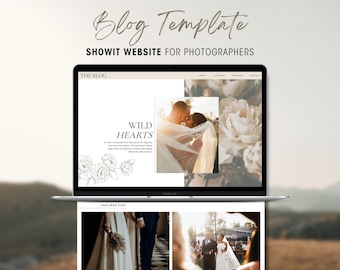 Peut inclure: Un ordinateur portable affichant un modèle de site web pour photographes. Le site web présente un design épuré avec les mots "Blog Template" et "Showit Website for Photographers". Le contenu du site web comprend les mots "Wild Hearts" et des illustrations florales.