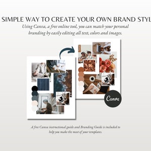 May include: A collage of images and color palettes for creating a brand style using Canva, a free online tool. The collage includes images of people working on laptops, nature scenes, and a color palette with various shades of brown, beige, and gray. The text "Canva" is visible in the bottom right corner of the image.
