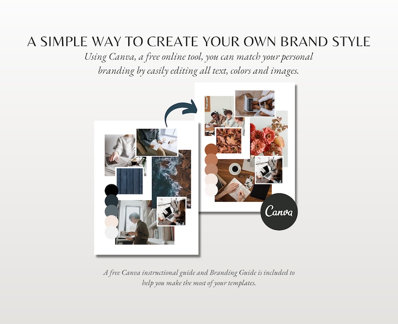 May include: A collage of images and color palettes for creating a brand style using Canva, a free online tool. The collage includes images of people working on laptops, nature scenes, and a color palette with various shades of brown, beige, and gray. The text "Canva" is visible in the bottom right corner of the image.