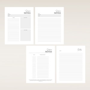 K&ouml;nnte beinhalten: Vier druckbare Seiten mit Vorlagen f&uuml;r Predigtnotizen. Jede Seite tr&auml;gt den Titel "Sermon Notes" und enth&auml;lt Zeilen zum Schreiben von Notizen sowie einen Bereich f&uuml;r das Datum.