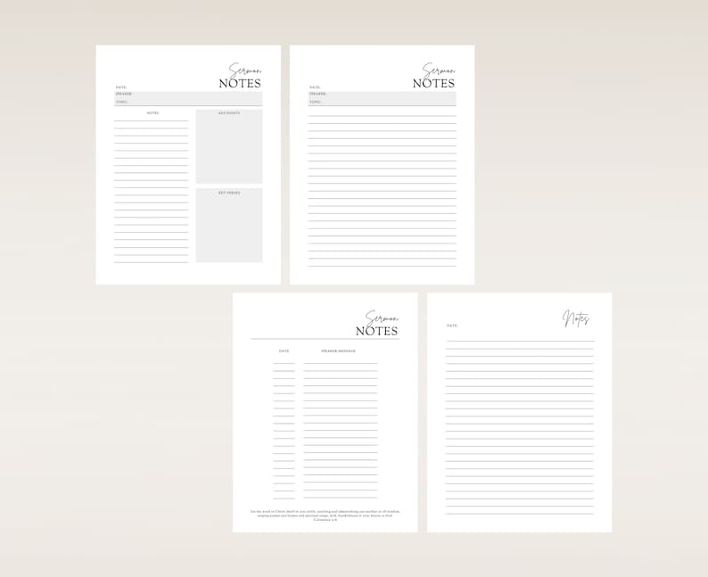 K&ouml;nnte beinhalten: Vier druckbare Seiten mit Vorlagen f&uuml;r Predigtnotizen. Jede Seite tr&auml;gt den Titel "Sermon Notes" und enth&auml;lt Zeilen zum Schreiben von Notizen sowie einen Bereich f&uuml;r das Datum.