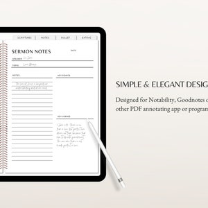 May include: A digital tablet with a white stylus pen, displaying a sermon notes template. The template has sections for scriptures, notes, bullet points, and extras. The template is designed for use with note-taking apps like Notability or Goodnotes.