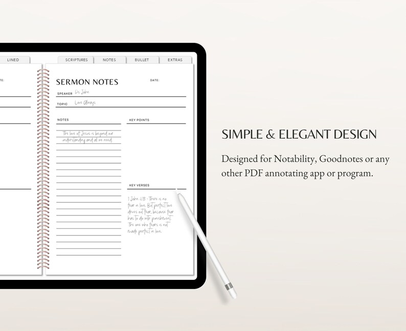 May include: A digital tablet with a white stylus pen, displaying a sermon notes template. The template has sections for scriptures, notes, bullet points, and extras. The template is designed for use with note-taking apps like Notability or Goodnotes.