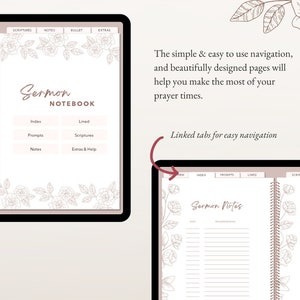 K&ouml;nnte beinhalten: Ein digitaler Planer mit floralem Design und Registerkarten f&uuml;r einfache Navigation. Der Planer tr&auml;gt den Titel "Sermon Notebook" und enth&auml;lt Abschnitte f&uuml;r Index, Aufforderungen, linierte Notizen, Schriftstellen und Extras & Hilfe.