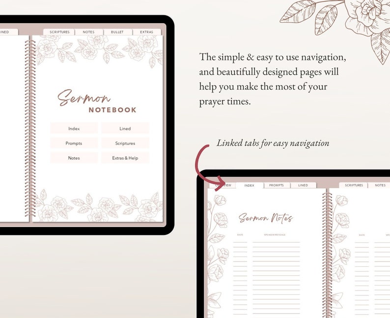 K&ouml;nnte beinhalten: Ein digitaler Planer mit floralem Design und Registerkarten f&uuml;r einfache Navigation. Der Planer tr&auml;gt den Titel "Sermon Notebook" und enth&auml;lt Abschnitte f&uuml;r Index, Aufforderungen, linierte Notizen, Schriftstellen und Extras & Hilfe.