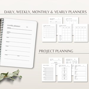 May include: A set of printable planner pages for daily, weekly, monthly, and yearly planning. The pages also include project planning templates with sections for client information, project milestones, and project contacts.