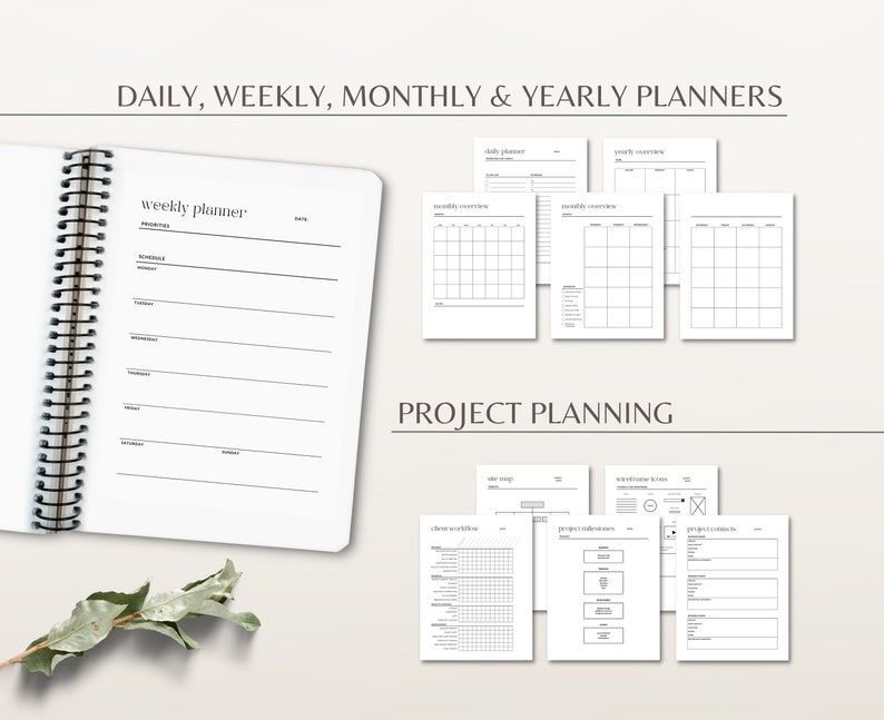 May include: A set of printable planner pages for daily, weekly, monthly, and yearly planning. The pages also include project planning templates with sections for client information, project milestones, and project contacts.