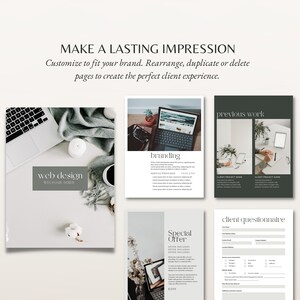 K&ouml;nnte beinhalten: Eine digitale Marketingbrosch&uuml;re im minimalistischen Design. Die Brosch&uuml;re zeigt Bilder von Laptops, Pflanzen und einer Tasse Kaffee. Der Text auf der Brosch&uuml;re umfasst "Webdesign", "Branding", "vorherige Arbeiten", "Kundenfragebogen" und "Sonderangebot".