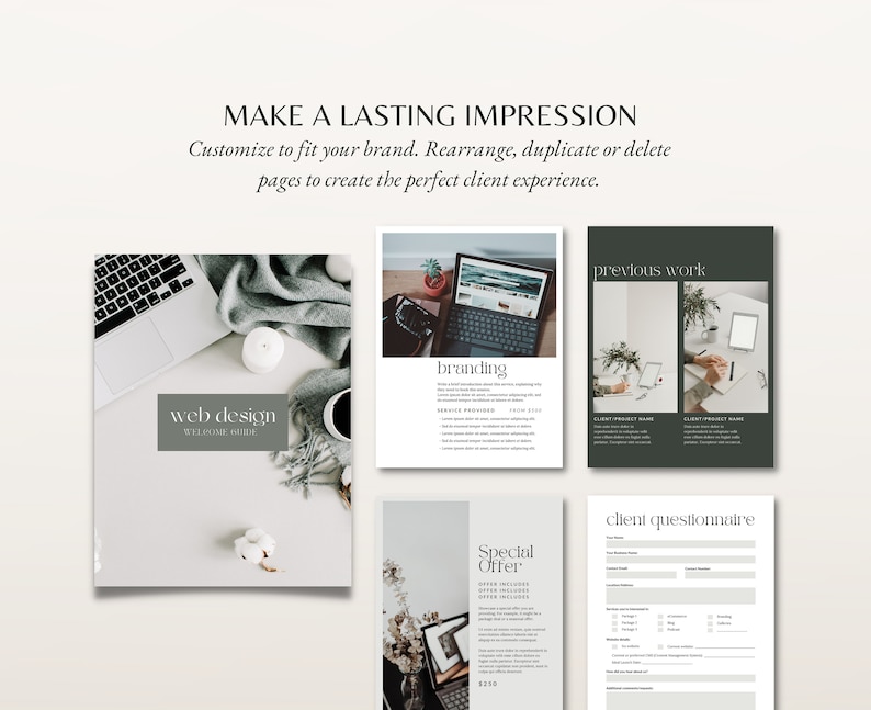 K&ouml;nnte beinhalten: Eine digitale Marketingbrosch&uuml;re im minimalistischen Design. Die Brosch&uuml;re zeigt Bilder von Laptops, Pflanzen und einer Tasse Kaffee. Der Text auf der Brosch&uuml;re umfasst "Webdesign", "Branding", "vorherige Arbeiten", "Kundenfragebogen" und "Sonderangebot".