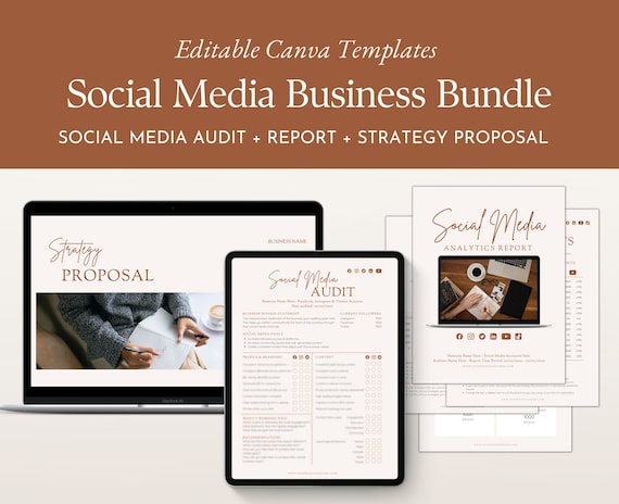 Social Media Business Bundle, Social Media Audit, Analytics Report Canva Template and Social Media Strategy Proposal Editable Templates