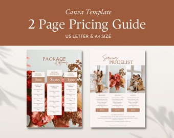 May include: Two-page pricing guide template for services. The first page features three pricing packages: Bronze, Silver, and Gold. The second page features a price list for services with a floral design. The template is designed for US Letter and A4 size.