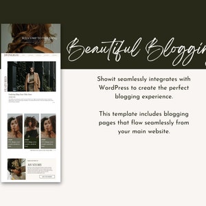 Op de afbeelding: Een website-mockup die een blogsjabloon laat zien met een uitgelicht bericht, een sectie voor recente berichten en een call-to-action om het verhaal van de auteur te lezen. De tekst "WELCOME TO THE BLOG" en "DIVINEALOG" zijn zichtbaar bovenaan de pagina. De tekst "Beautiful Blogging" wordt weergegeven in een handschrift-lettertype.