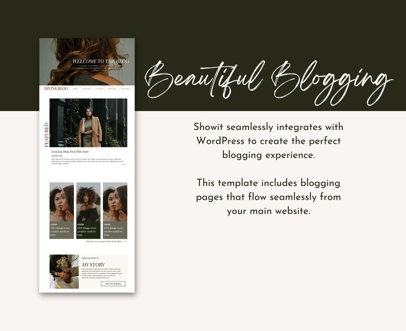 Op de afbeelding: Een website-mockup die een blogsjabloon laat zien met een uitgelicht bericht, een sectie voor recente berichten en een call-to-action om het verhaal van de auteur te lezen. De tekst "WELCOME TO THE BLOG" en "DIVINEALOG" zijn zichtbaar bovenaan de pagina. De tekst "Beautiful Blogging" wordt weergegeven in een handschrift-lettertype.