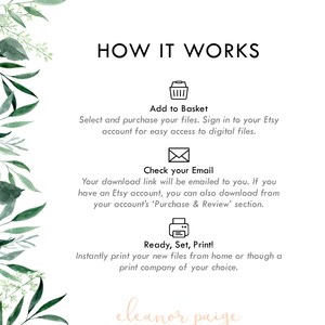 May include: How it works: A white background with black text and icons explaining the process of purchasing and downloading digital files from Etsy. The text includes "Add to Basket", "Check your Email", and "Ready, Set, Print!"