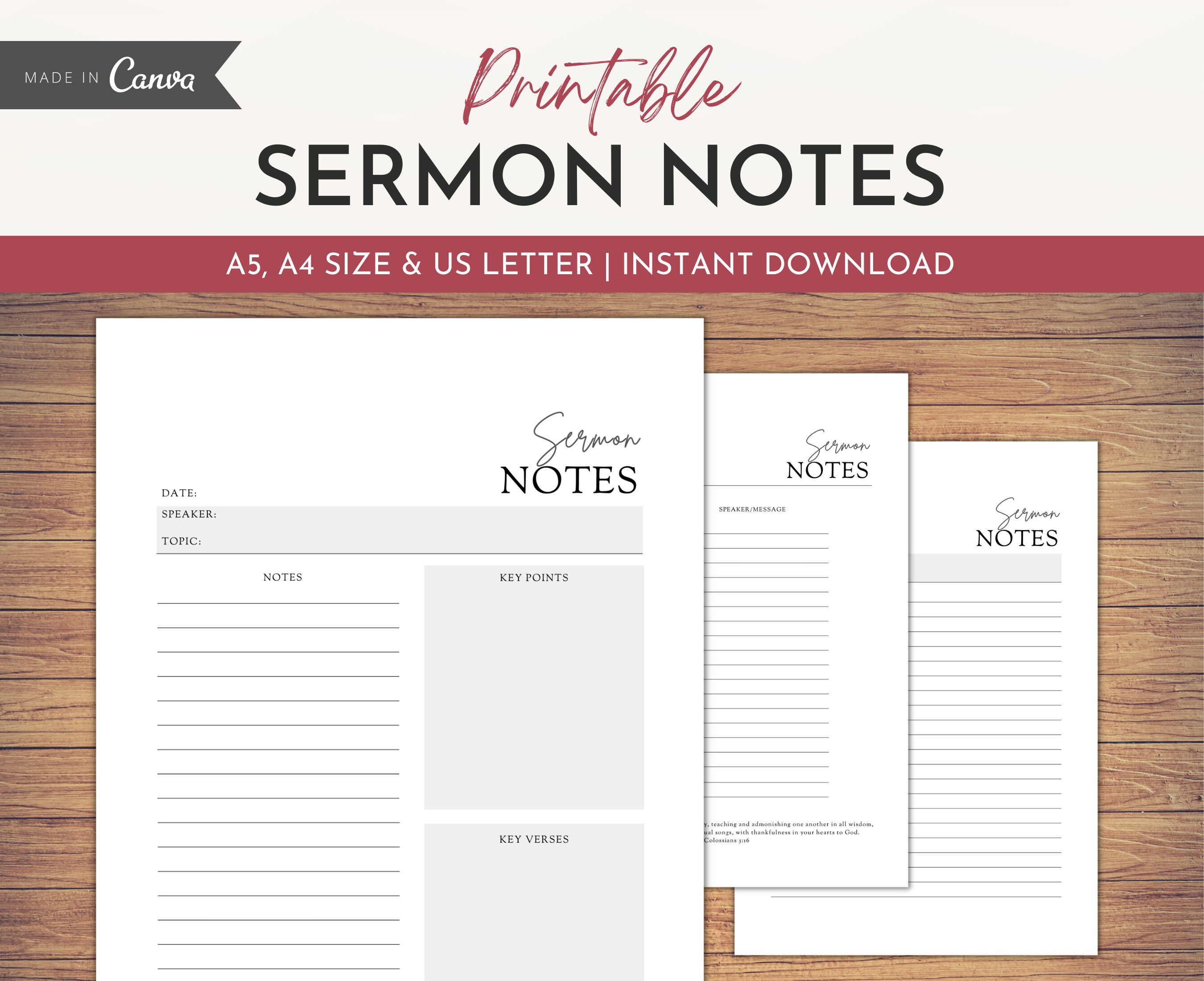Sermon Notes Printable, Sermon Journal Pages, Printable Bible Study Notes,  Church Notes Faith Planner Inserts, A20, A20 & Letter Size Regarding Sermon Notes Template