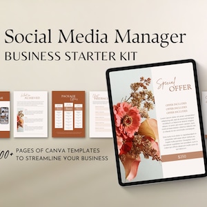 May include: A digital marketing business starter kit with 100+ Canva templates to streamline your business. The kit includes a welcome guide, a guide on what has been achieved, a package offering, a client feedback form, and a special offer for $250. The special offer includes a floral design with a pink flower.