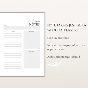 K&ouml;nnte beinhalten: Eine druckbare Notizvorlage f&uuml;r Predigten mit Abschnitten f&uuml;r Datum, Redner, Thema, Notizen, wichtige Punkte und Schl&uuml;sselverse. Der Text "Sermon Notes" befindet sich oben auf der Seite. Der Text "Note taking just got a whole lot easier!" befindet sich auf der rechten Seite der Seite. Der Text "Simple & easy to use" befindet sich unter dem Haupttext. Der Text "Includes contents page to keep track of past sermons." befindet sich unter dem vorherigen Text. Der Text "Additional note pages included." befindet sich unter dem vorherigen Text.