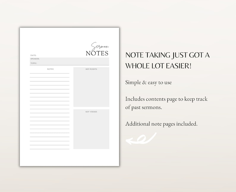K&ouml;nnte beinhalten: Eine druckbare Notizvorlage f&uuml;r Predigten mit Abschnitten f&uuml;r Datum, Redner, Thema, Notizen, wichtige Punkte und Schl&uuml;sselverse. Der Text "Sermon Notes" befindet sich oben auf der Seite. Der Text "Note taking just got a whole lot easier!" befindet sich auf der rechten Seite der Seite. Der Text "Simple & easy to use" befindet sich unter dem Haupttext. Der Text "Includes contents page to keep track of past sermons." befindet sich unter dem vorherigen Text. Der Text "Additional note pages included." befindet sich unter dem vorherigen Text.