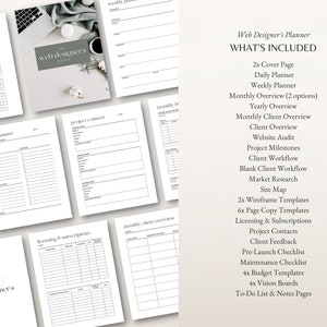 May include: A printable planner designed for web designers. The planner includes a cover page, daily, weekly, and monthly planners, client overview pages, project milestones, and more. The planner is designed to help web designers stay organized and on track with their work.
