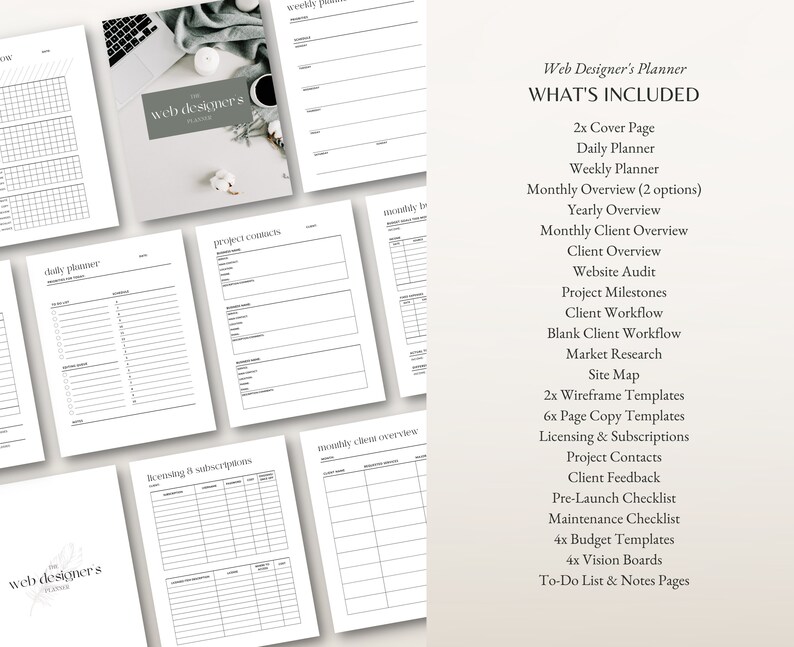 May include: A printable planner designed for web designers. The planner includes a cover page, daily, weekly, and monthly planners, client overview pages, project milestones, and more. The planner is designed to help web designers stay organized and on track with their work.