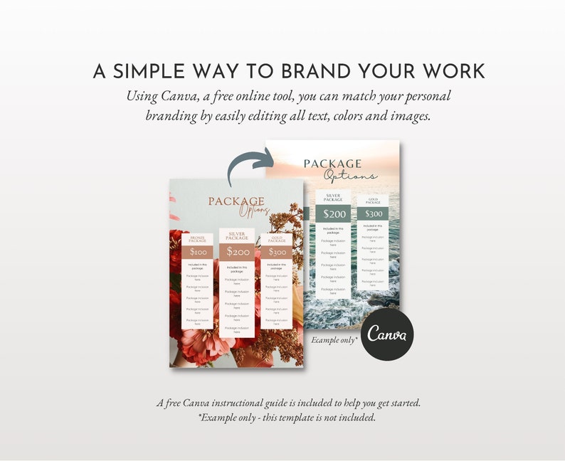 May include: A printable template for a pricing guide with three different package options. The template features a sunset background with a beach scene and a floral design. The text on the template includes the words "Package Options" and the prices for each package: $200, $300, and $500.
