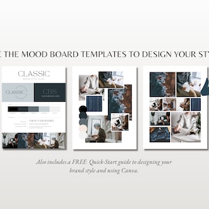 May include: A mood board template for designing a brand style guide. The template features a collage of images with a blue and white color scheme. The text "CLASSIC" and "CBS" is visible on the template.