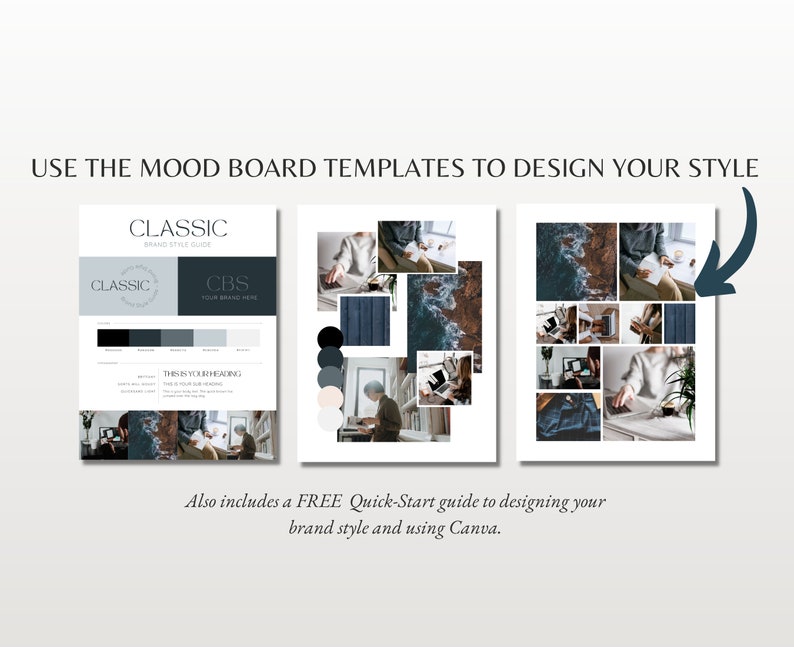 May include: A mood board template for designing a brand style guide. The template features a collage of images with a blue and white color scheme. The text "CLASSIC" and "CBS" is visible on the template.