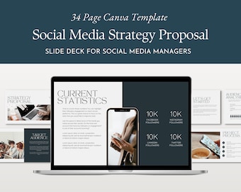Modello di presentazione di una proposta di strategia per i social media per Canva, presentazione keynote modificabile classica di 34 pagine, piano aziendale di presentazione