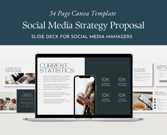 Social Media Strategy Proposal Slide Deck Template for Canva, Classic 34 Pages Editable Keynote Presentation, Slide Deck Business Plan