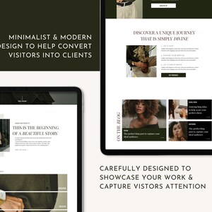 Op de afbeelding: Een website-ontwerpmockup met een minimalistische en moderne esthetiek. De website heeft een blogsectie met een bericht met de titel "Dit is het begin van een mooi verhaal". De website bevat ook een sectie met de titel "Hoe kunnen we u van dienst zijn?" met een raster van diensten, waaronder coaching en creatief.