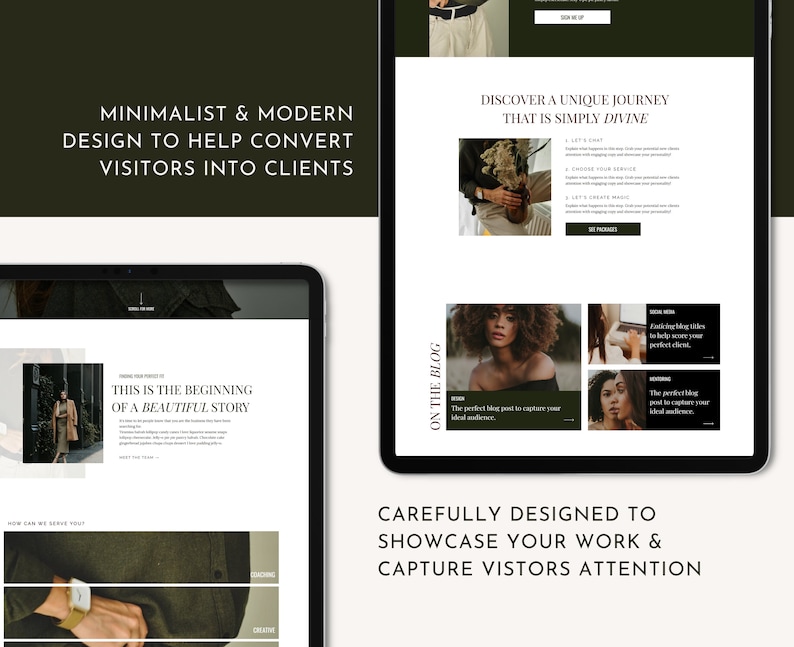Op de afbeelding: Een website-ontwerpmockup met een minimalistische en moderne esthetiek. De website heeft een blogsectie met een bericht met de titel "Dit is het begin van een mooi verhaal". De website bevat ook een sectie met de titel "Hoe kunnen we u van dienst zijn?" met een raster van diensten, waaronder coaching en creatief.