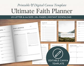 Canva Faith Planner Template Bundle, Digital or Printable Editable Template, Bible Reading Plan, Prayer Journal, Sermon Notes, A4 & Letter