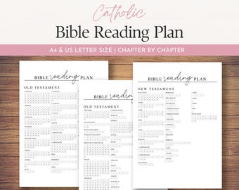 May include: A Catholic Bible Reading Plan printed on white paper, featuring chapter-by-chapter checklists for the Old and New Testaments. The document includes the text A4 & US LETTER SIZE | CHAPTER BY CHAPTER and is organized by book titles.