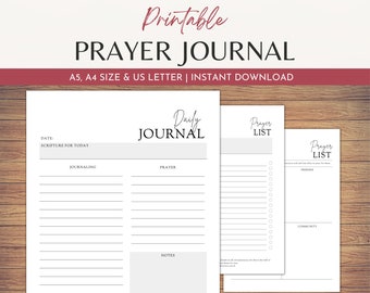 Puede incluir: Diario de oración imprimible con páginas de diario diario y lista de oraciones. El diario tiene secciones para la fecha, las Escrituras, el diario, la oración y las notas. La lista de oraciones tiene secciones para amigos y la comunidad.