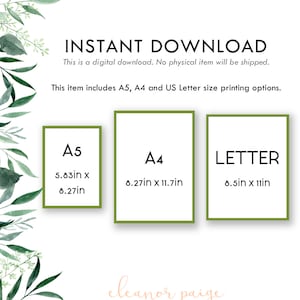 May include: A printable digital download of three different sizes of paper: A5 (5.83 inches by 8.27 inches), A4 (8.27 inches by 11.7 inches), and Letter (8.5 inches by 11 inches). The text "INSTANT DOWNLOAD" is at the top of the image. The text "This is a digital download. No physical item will be shipped." is below the text "INSTANT DOWNLOAD". The text "This item includes A5, A4 and US Letter size printing options." is below the text "No physical item will be shipped."