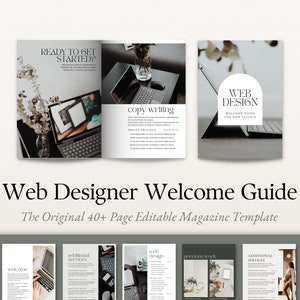 Guia de boas-vindas do web designer, modelo Canva, revista do cliente para desenvolvedores de sites, pacote de boas-vindas, questionários e livreto de serviços e preços