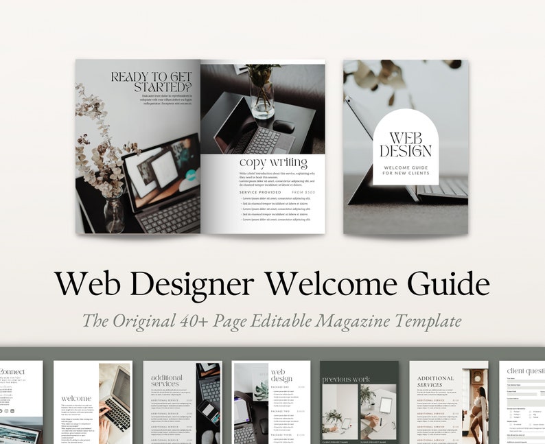 K&ouml;nnte beinhalten: Eine Webdesigner-Willkommensleitfaden-Magazinvorlage mit minimalistischem Design. Das Cover zeigt einen Laptop mit dem Text "Webdesign-Willkommensleitfaden f&uuml;r Neukunden". Das Magazin soll Webdesignern helfen, neue Kunden zu begr&uuml;&szlig;en und ihnen Informationen &uuml;ber ihre Dienstleistungen zu geben.