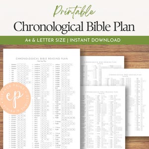 May include: A printable chronological Bible reading plan document featuring a one-year schedule with book names and chapter numbers. The white paper sheets display black text and a circular peach logo with the letters ep and Eleanor Paige Designs & Prints.