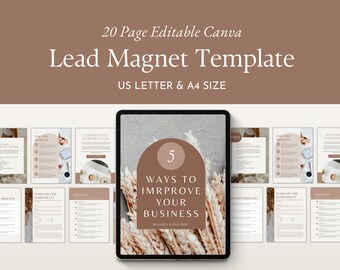 May include: A digital mockup of a 20-page lead magnet template in Canva. The template is designed with a minimalist aesthetic and features a brown and beige color scheme. The cover page features a photo of dried grass with the text "5 Ways to Improve Your Business" and "Business Name Here".