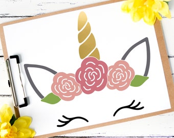 Unicorn SVG Cut File, Unicorn Flower Crown, Vinyl, Printable, Hand Drawn, DIY Decals, Sticker, Shirt, Unicorn Horn, Little Girl Birthday