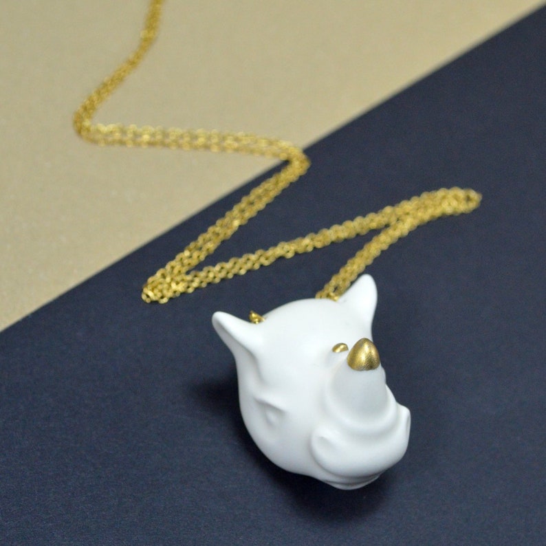 White And Gold Rhinoceros Necklace Rhino Pendant Safari Image 0