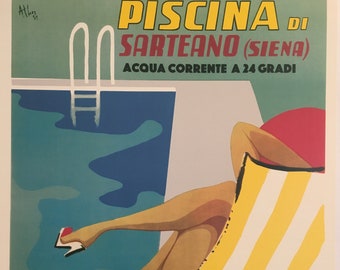 Piscina Di Sarteano Original Vintage Italian Swimming Pool Poster 1962